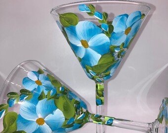 Hand Painted Martini Glass - Spring Garden - Blue - Set of 2