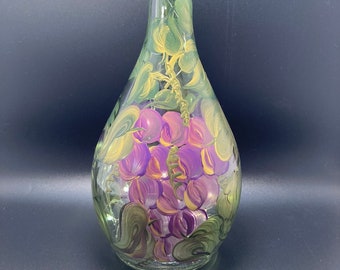 Hand Painted Glass Lighted Wine Bottle - SMALL - Grapes & Gold - Purple