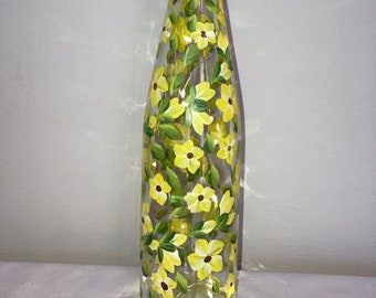 Hand Painted Glass Lighted Wine Bottle - Yellow Posies