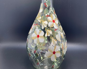 Hand Painted Glass Lighted Wine Bottle - SMALL - Blossoms - Golded White