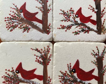 Hand Painted Sandstone Coaster - Christmas Cardinal