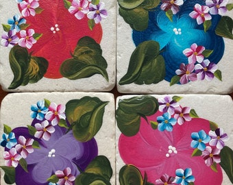 Hand Painted Sandstone Coasters - Island Floral - Set of 4