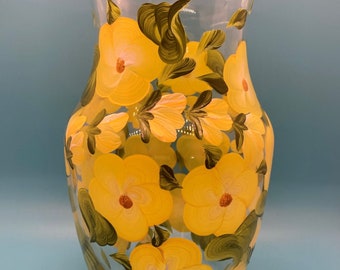 Hand Painted Glass Vase - Yellow Floral - Large 9 inch