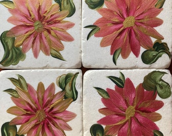 Hand Painted Sandstone Coasters - Berry Gold Floral - Set of 4
