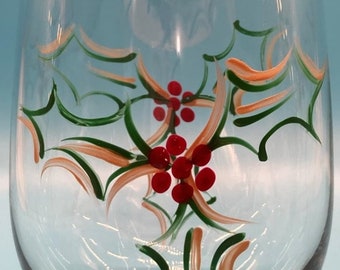 Hand Painted Stemless Wine Glass - Christmas Holly - 16 oz