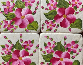 Hand Painted Sandstone Coasters - Spring Garden - Pink - Set of 4