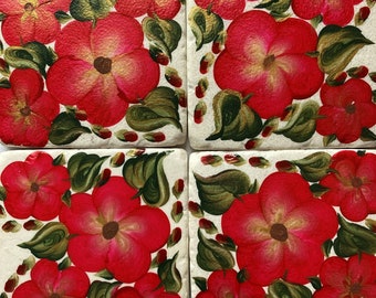 Hand Painted Sandstone Coasters - Spring Garden - Gold on Red - Set of 4