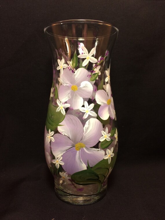 Hand Painted Glass Vase Island Lilac W White Posies Etsy
