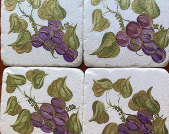 Hand Painted Sandstone Coasters - Grapes 'n Gold - Set of 4