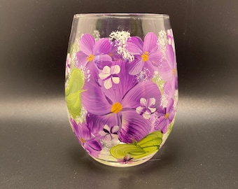 Hand Painted Stemless Wine Glass - Spring Garden Purple with Violets