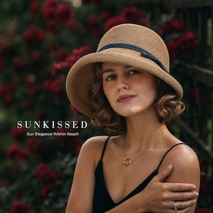 May include: A woman wearing a wide-brimmed, light brown sun hat with a dark blue band. The hat is labeled "Sunkissed" with the tagline "Sun Elegance Within Reach". She is wearing a black top and a gold necklace. Red flowers are in the background.