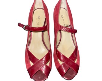 Anne Klein Mary Jane Peep Toe Red Suede Leather Heels Pumps Size 7.5 Rockabilly