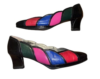 Vintage Van Eli Colorblock Patchwork Pumps 80s 90s Mid Heel Rainbow Retro SZ8.5