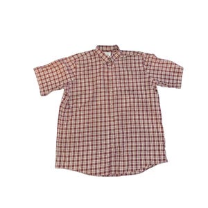 May include: A short-sleeved button-down shirt in a red and white plaid pattern. The shirt has a classic collar and a relaxed fit. The fabric appears to be a lightweight cotton blend, suitable for casual wear.