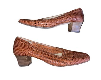Botticelli Woven Leather Shoes Heels Made in Italy SZ 6.5 Square toe Casual 90s