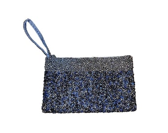 Bolso de mano de noche vintage azul con lentejuelas y cuentas, cierre de cremallera