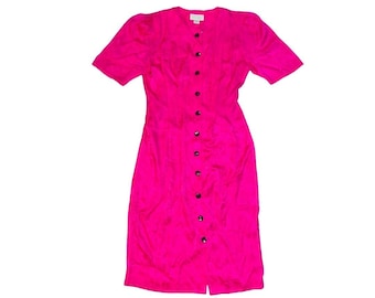 Adrianna Papell Vintage 100% Silk Hot Pink Front Button Up Midi Dress Size Small