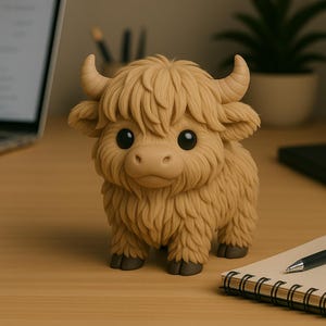 Peut inclure: Figurine de vache des Highlands de couleur beige avec de grands yeux noirs, de petites cornes et une fourrure hirsute. La figurine est posée sur une surface en bois. Un carnet et un stylo sont au premier plan.