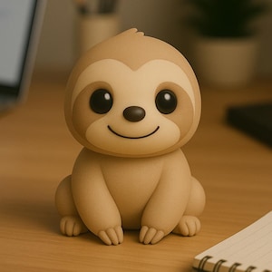 May include: A light brown sloth figurine with large black eyes and a smiling expression. The figurine is sitting on a wooden surface. A notepad is visible in the foreground.