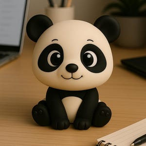 Op de afbeelding: Een charmant pandafiguur met een witte body, zwarte accenten en grote, expressieve ogen. De panda zit op een houten oppervlak. Het beeldje heeft een glimlachende uitdrukking en is een schattig decoratief item.