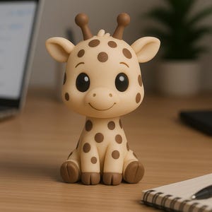 Peut inclure: Figurine de girafe beige avec des taches marron, de grands yeux noirs et de petites cornes marron. La girafe est assise sur ses pattes arrière. La figurine est faite d'un matériau lisse et a une expression souriante. C'est un jouet mignon.