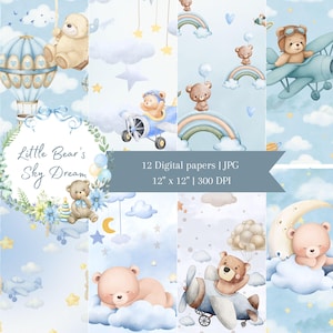 Digitaal papierpakket babyjongen – Blue Sky, teddybeer en vliegtuig plakboekpapier, Little Star kinderkamerachtergronden, 12 x 12", 300 DPI JPG