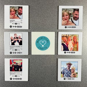 May include: A selection of square magnets with photos and Spotify codes. The images show couples and families. One magnet has the text "Love Story" and another says "You to me are everything". A central magnet displays "MAGNETICAL CRAFTS".