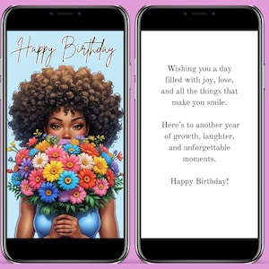 Peut inclure: Carte d'anniversaire numérique sur smartphone. La face avant présente une illustration d'une personne tenant un bouquet de fleurs colorées, avec le texte "Happy Birthday". Le dos de la carte contient un message d'anniversaire.