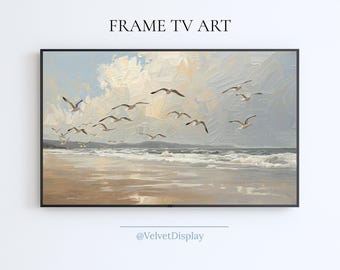 Seagulls on Beach Coastal Bird Frame Tv Art Summer Beach Painting For Samsung Smart TV Seascape Digital Download Screensaver