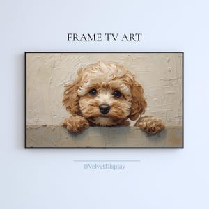 May include: A framed digital art print featuring a close-up of a fluffy, light brown puppy with dark eyes. The artwork has a textured, painted appearance, with the text "FRAME TV ART" at the top.