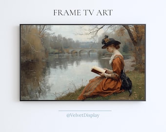 Victorian Woman Reading By The River Frame Tv Art Vintage andscape Painting For Samsung Smart TV Digital Download Screensaver