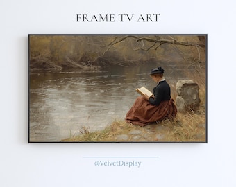 Victorian Woman Reading By The River Frame Tv Art Vintage andscape Painting For Samsung Smart TV Digital Download Screensaver