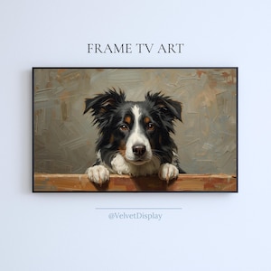 May include: A framed digital art print featuring a Border Collie dog with black, white, and brown fur. The dog is resting its paws on a wooden ledge. The background has a textured, neutral color palette. The text "FRAME TV ART" is at the top.