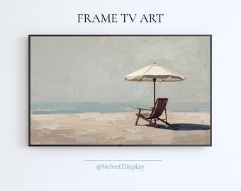 Beach Chair and Umbrella Frame Tv Art Summer Coastal Painting For Samsung Smart TV Seascape Digital Download Screesaver