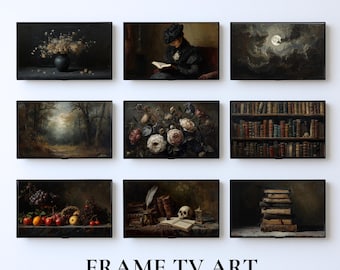 Peut inclure: Ensemble de neuf œuvres d'art encadrées pour téléviseur, présentant des peintures classiques. La collection comprend des compositions florales, des paysages, des natures mortes, une femme lisant, une pleine lune et une bibliothèque. Le texte "FRAME TV ART" et "SET OF 9" est en bas.
