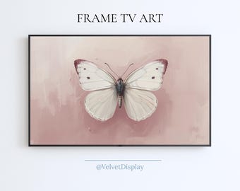 Biały motyl, vintage, obraz w ramce, sztuka, telewizor Samsung Smart TV, natura, cyfrowy, pobierz wygaszacz ekranu