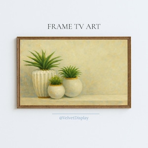 Natura morta succulenta, neutra, vintage, primavera, pianta, dipinto, arredamento rustico, cottage, per Samsung Frame TV, download in 4K 8K UHD