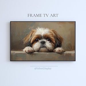 May include: A framed artwork featuring a Shih Tzu dog with brown, white, and black fur. The dog is painted in a realistic style, with a soft, textured appearance. The artwork is labeled "FRAME TV ART" and includes the seller's name, "@VelvetDisplay".