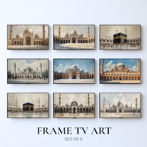 Könnte beinhalten: Neun gerahmte TV-Kunstdrucke mit Aquarellmalereien von Moscheen und islamischer Architektur. Die Kunstwerke werden an einer weißen Wand ausgestellt. Der Text "FRAME TV ART" und "SET OF 9" befindet sich am unteren Rand des Bildes.