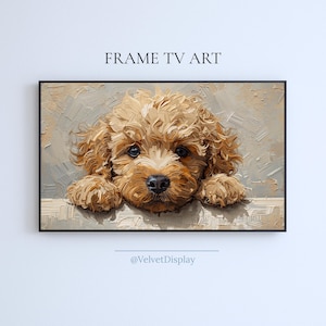 May include: A framed digital art print featuring a close-up of a fluffy, light brown puppy with dark eyes and a black nose. The artwork has a textured, painted appearance. The text "FRAME TV ART" is at the top.