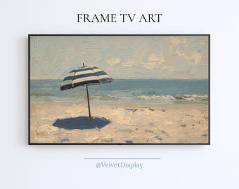 Marco de TV con sombrilla a rayas, arte playero, pintura costera de verano para Smart TV Samsung, paisaje marino, descarga digital, protector de pantalla