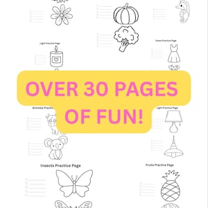 May include: Black and white activity book page with various illustrations for coloring and practice. Includes flowers, vegetables, ocean creatures, insects, fruits, and more. Text reads "OVER 30 PAGES OF FUN!"