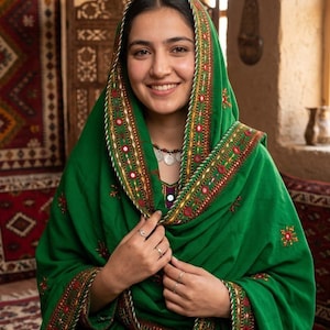 Peut inclure: Un foulard vert vif et un vêtement assorti ornés de broderies complexes avec de petits miroirs circulaires et des accents de fil doré. Le tissu est décoré de motifs floraux délicats en rouge et jaune, formant une bordure détaillée.
