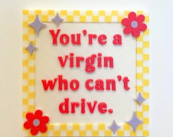 May include: Square sign with a white background and a yellow and white checkered border. The sign has red text that reads "You're a virgin who can't drive." The sign is decorated with red flowers and purple star shapes.