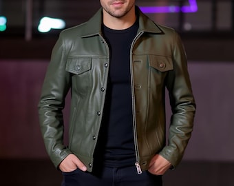 Handmade Olive Green Trucker Leather Jacket Made By Genuine Lambskin Leather