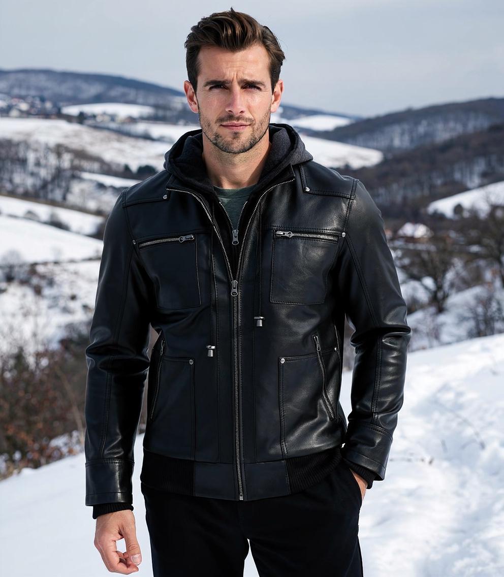 Men's Black Lambskin Leather Bomber Jacket With Removable Hood - Etsy