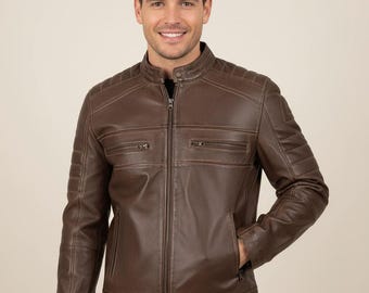 Men's Handmade Distressed Coffee Brown Lambskin Leather Biker Jacket
