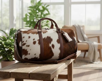 Cowhide Leather Duffel Bag | Hair-On Hide Weekender Travel Bag | Unisex Western Style