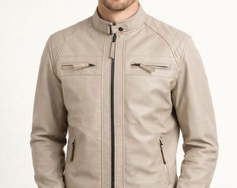Men's Handmade Biker Style Beige Lambskin Leather Jacket - Quilted Shoulder