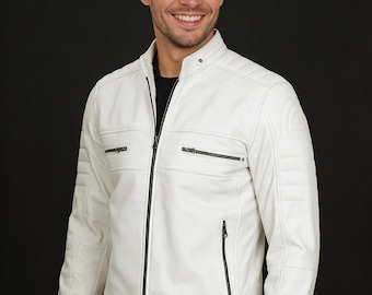 Men's Off White Lambskin Leather Biker Jacket | Handmade | Zip Closure